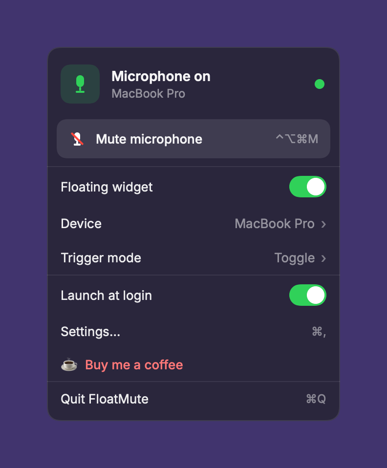 FloatMute menu-bar dropdown