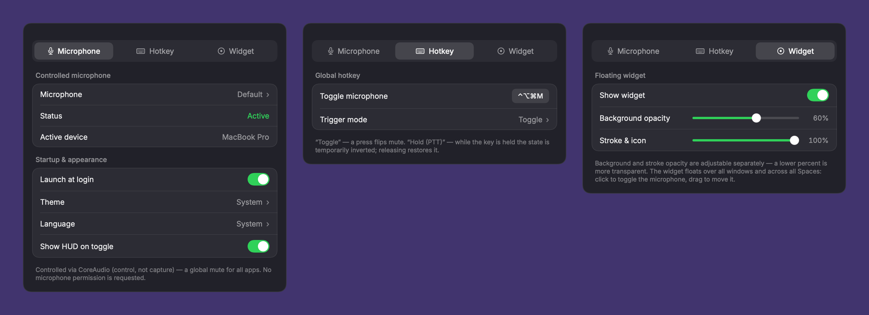 FloatMute settings window: Microphone, Hotkey and Widget tabs